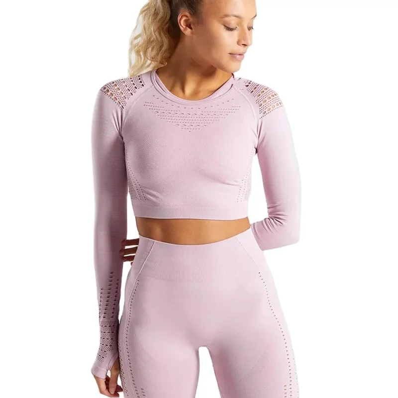 

Seamless Yoga Set Long Sleeve Women Fitness Clothing Sportswear Gym Leggings Padded Push-up Strappy Pants 2 Pcs Sports Suits