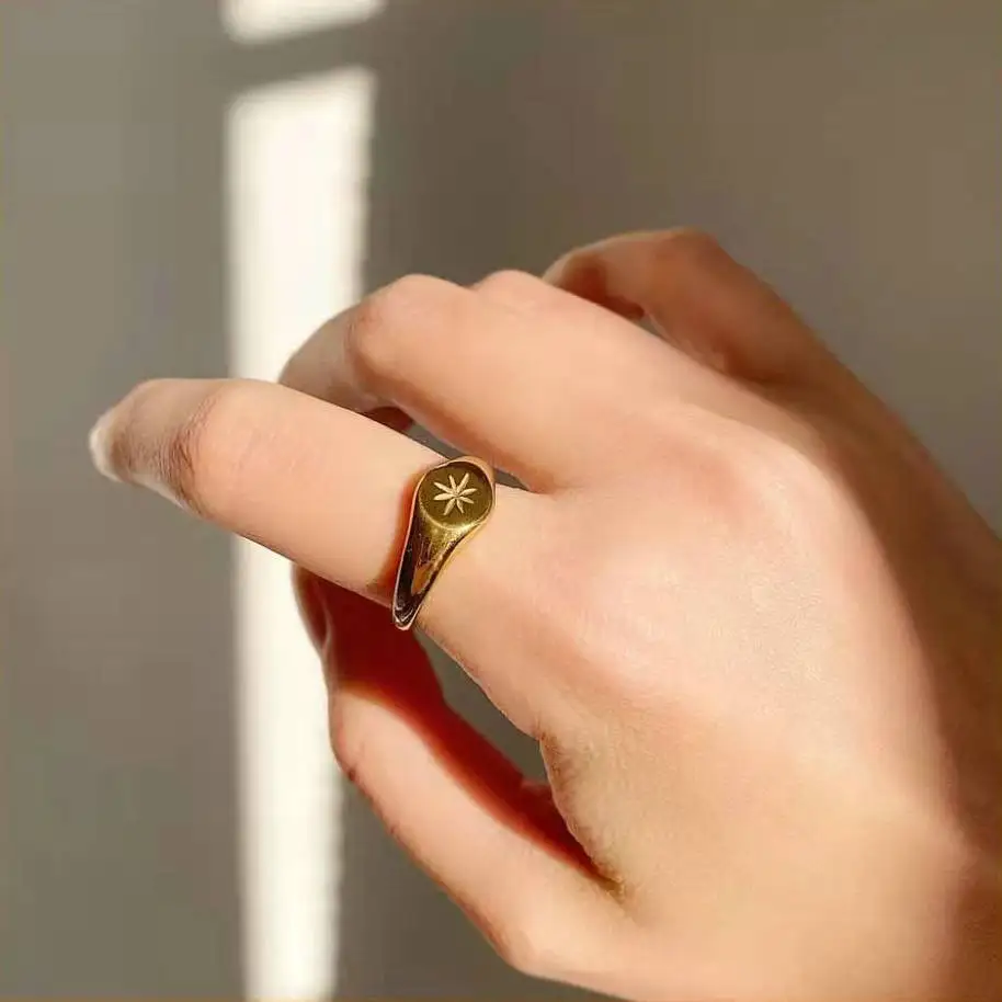 

Amazon Hot Sale Vintage Fashion Titanium Steel 18k Gold Plated Love Heart Glitter Star Ring For Women