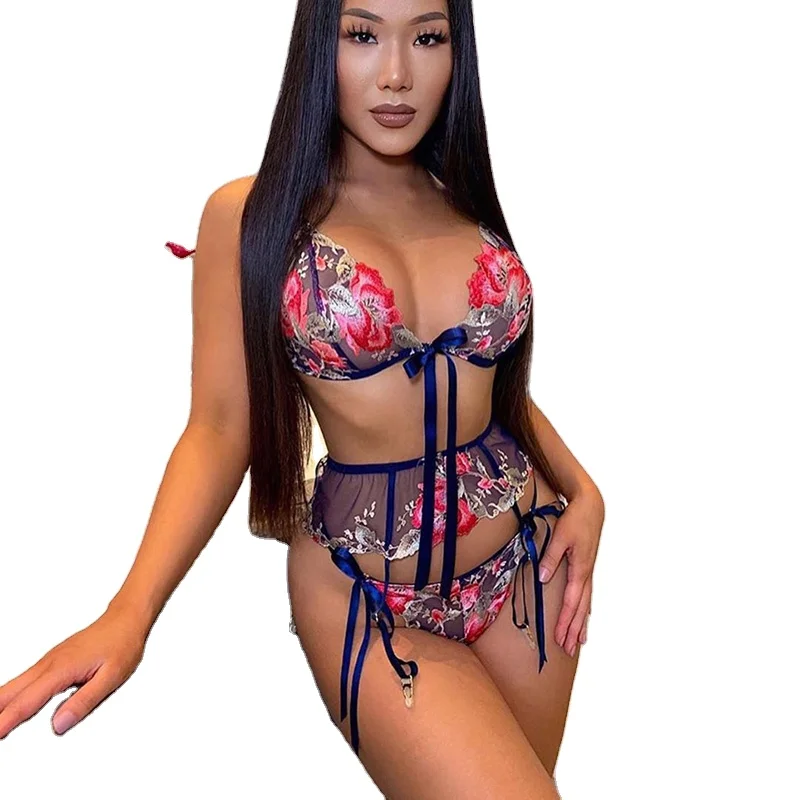 

Plus Size Bow Flower Embroidery Transparent Lingeries Sexy Underwear Floral Lace Bra Set, Blue, pink