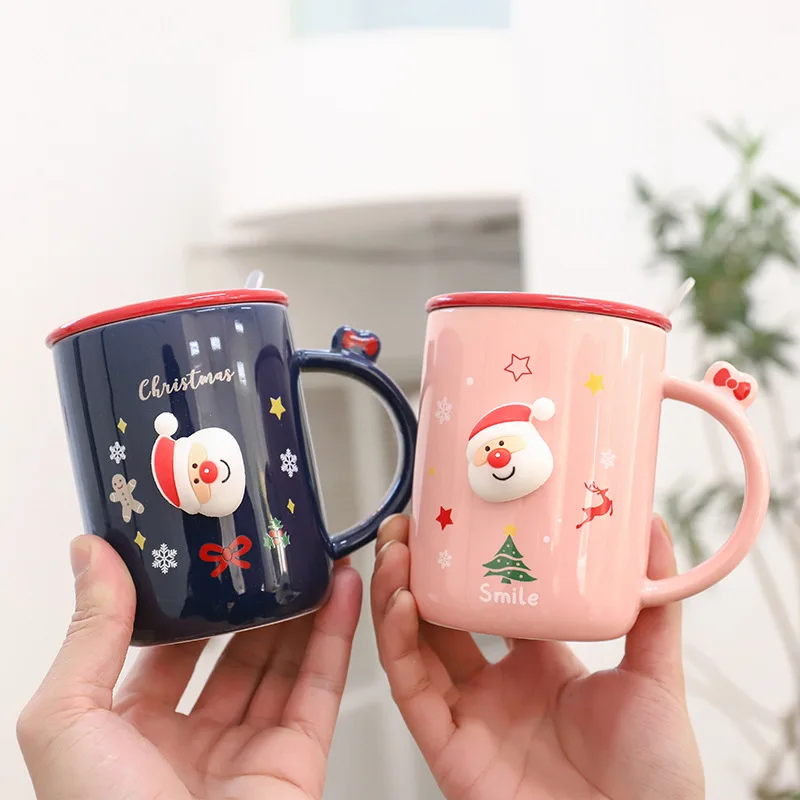 

1 Piece Of Gift Creative Cartoon Santa Claus Merry Christmas Ceramic With Cover & Spoon Set Water Coffee Mug