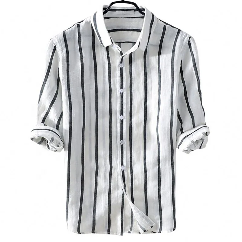

High quality custom cool breathable fancy striped half sleeve men casual linen hemp shirts for summer, Custom color