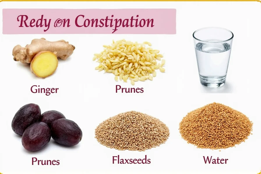 Variety of natural constipation relief options including ginger, prunes, flaxseeds, and water