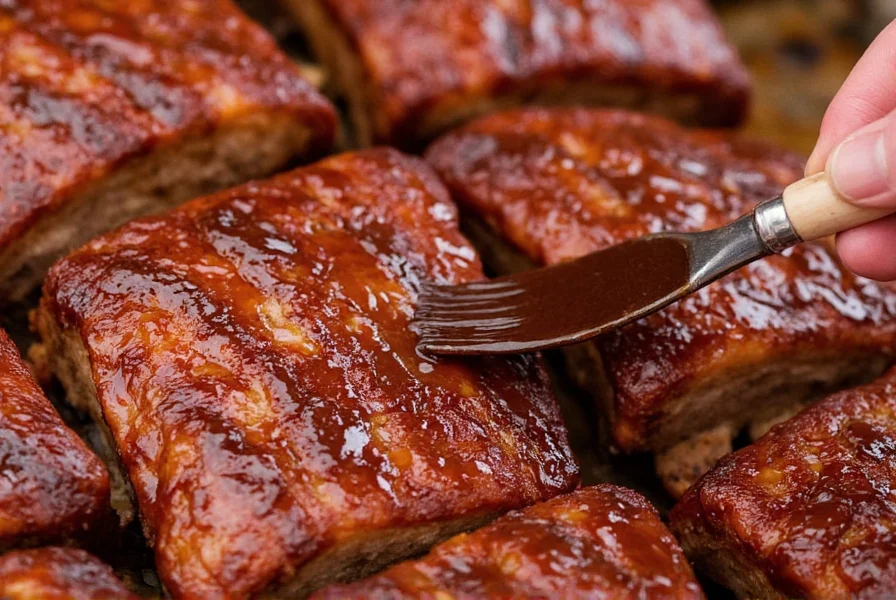 Close-up of glossy Dr Pepper barbecue sauce being brushed onto grilled pork ribs with visible caramelization