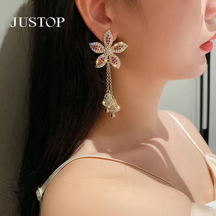 

Bijoux Long Tassel Bells Pendant Earrings Statement Jewelry Golden Flower Crystal Abalone Earrings for Women