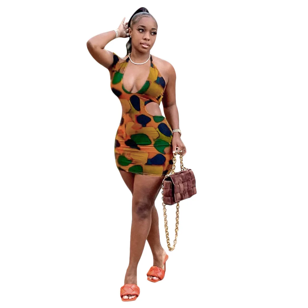 

New Women's Sexy Skinny Backless Print Hollow Bandage Dress Ladies 2021 Casual Dresses Women, Customized color