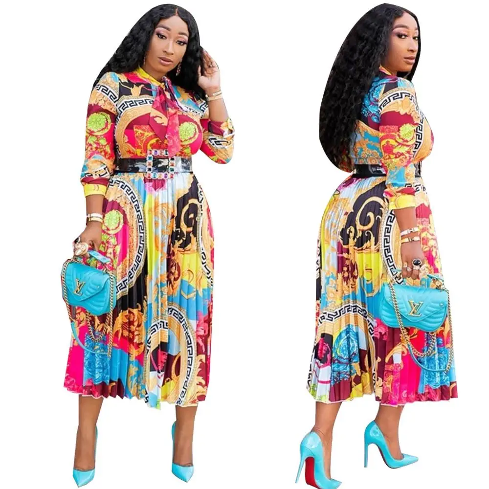 

2020 New Fashion printed sexy shirt and long skirt suit casual women's pleated casual Dress, Shown