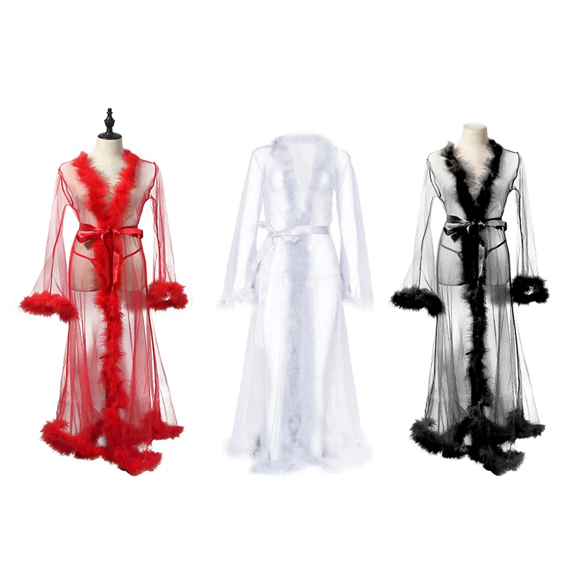 

New Arrival Long women Femme Fur sheer Robe mesh Trim Sexy Lingerie