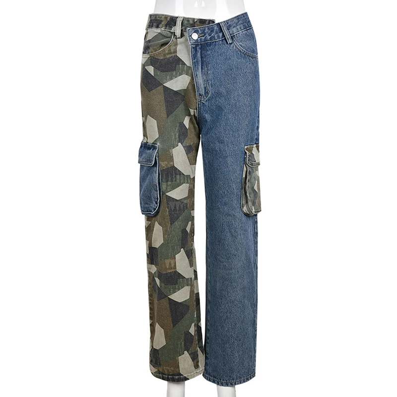 

TWOTWINSTYLE Splicing Camouflage Hit Color Wide Leg High Waist Patchwork Women Pants Trousers