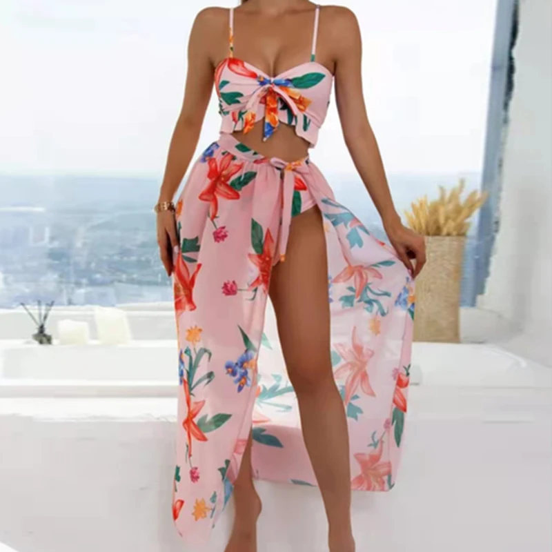 

2022 New Custom Floral Print Sexy 3 Piece Bikini Set Beach wear Front Bow High Waist Swimsuit Women Vacation Cover Up Swimwear