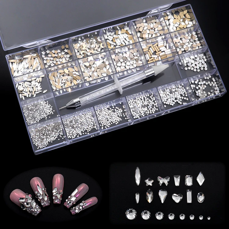 

Fashion flat back crystal nail art rhinestone box , high quality fancy shaped opal rhinestone box for nails decoration, Multi shape