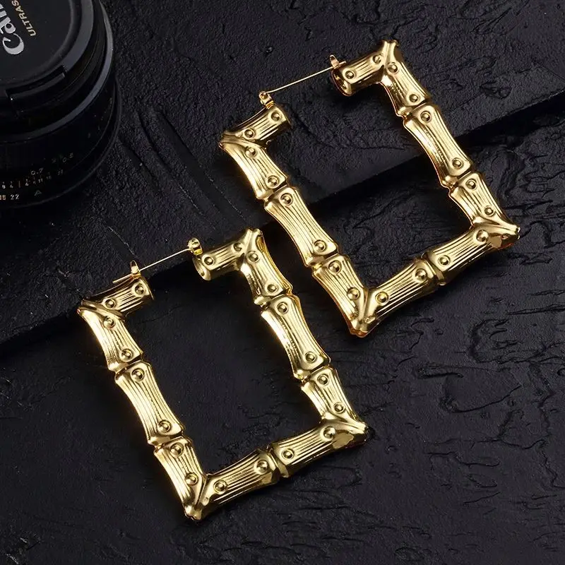 

Wholesale Personalized Punk Handmade Custom Fashion Big Gold Heart Hoop Bamboo Earrings, Gold and silver