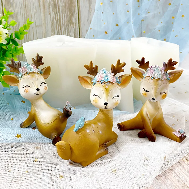 

1772 3D large sika deer candle silicone mold diffuser stone plaster animal cake decorations, Photo color