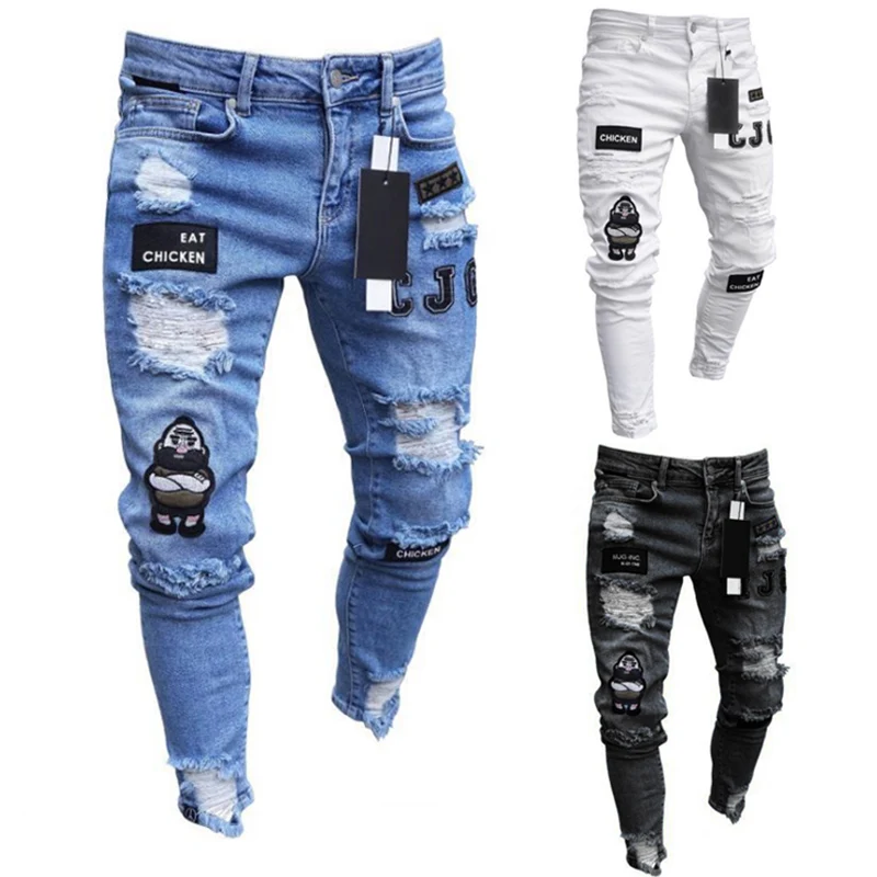 

xueyu Italy Style Men's Distressed Destroyed Badge Pants Art Patches Skinny Biker White Jeans Slim Trousers men denim jeans, Customizable