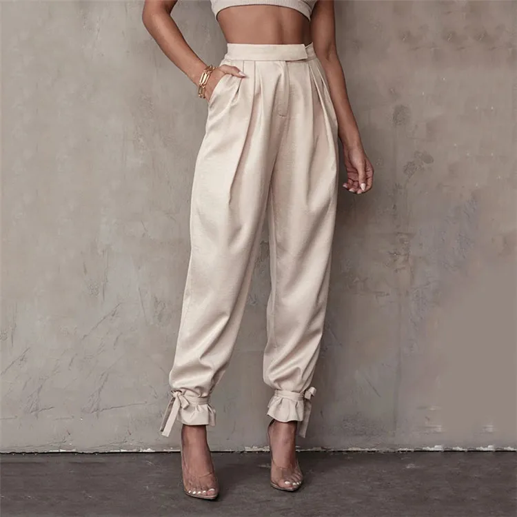 

Casual Loose Solid Color Lace Up Pockets Satin Pants Women Autumn Ladies Pencil Pants Women Fashion Pants Sexy Trouser
