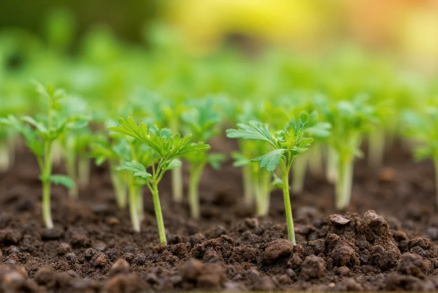 Close-up of cumin seedlings emerging from well-prepared garden soil in a home garden setting