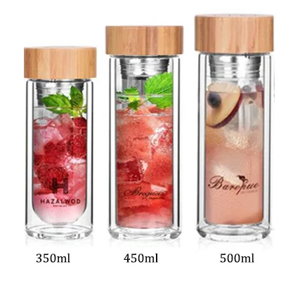 

450ml 16oz BPA free double bamboo lid tea double wall infuser glass drink water bottle with tea fruit infuser