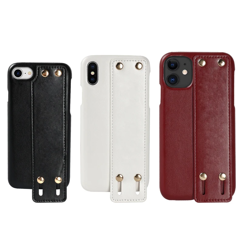 

New arrival Stylish Leather Wrist Band strap Hand holder back phone Case Cover for iphone X XS XR phone cover retractable grip