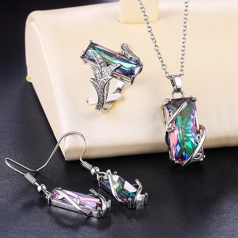 

CAOSHI Multicolored Rectangular Stone Ring/Necklace Set Novel Design Factory Direct Selling Women Wedding Jewelry Set