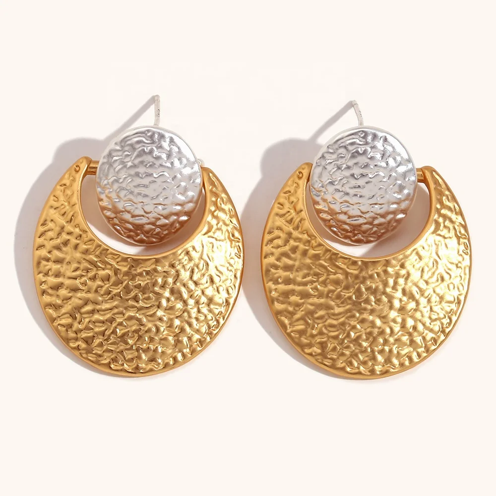 

Ding Ran New Fashion Hammered Texture Gold And Silver Splicing Stainless Steel Big Earrings For Women