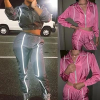 

Ecoparty Women Reflective Tracksuit Night Version Running Sets Collar Long Sleeve Crop Top + Casual Pants Two Piece Sport Suits
