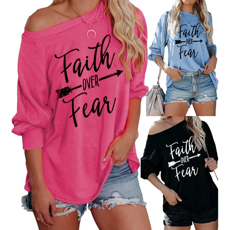 

Fashionable Casual Printed Off Shoulder Long Sleeve T Shirts Women Long Sleeve Top, Pink / black / blue
