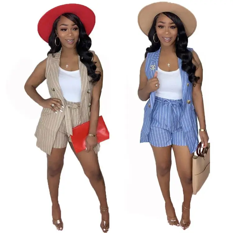 

0420M199 Summer 2021 Sleeveless Short Pants Striped Printed Suit Jacket Two Piece Set Women Clothing Casual 2 Piece Set Women