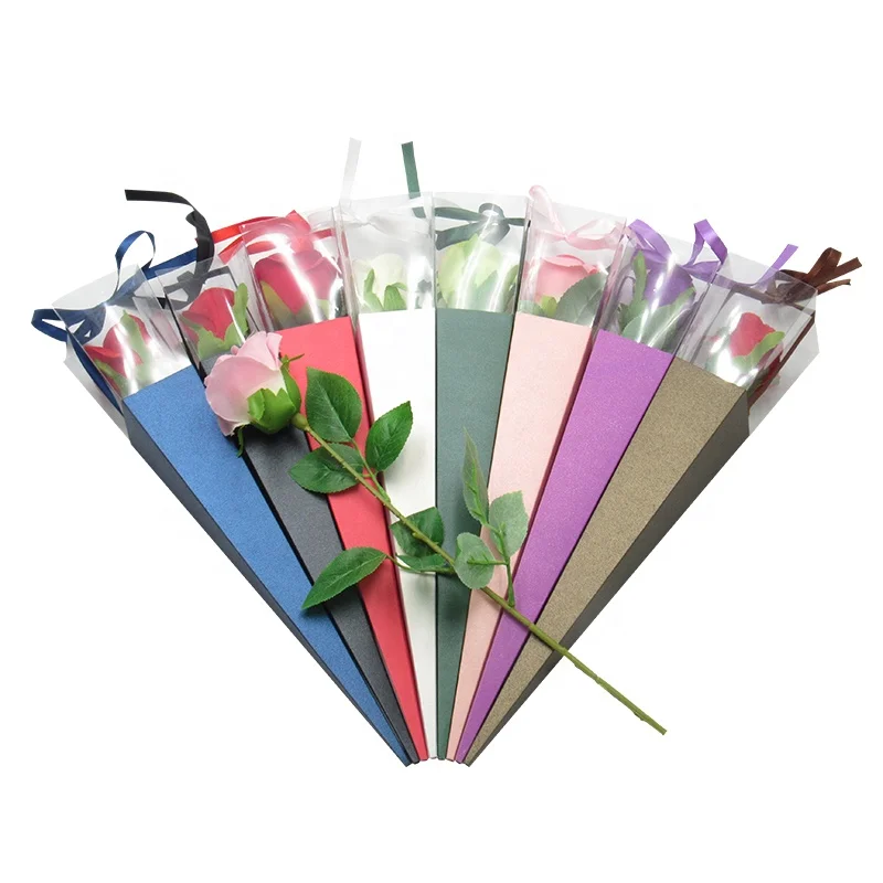 

trending hot selling 42cm paper flower box cone single long stem roses box gift for packing flower boxes