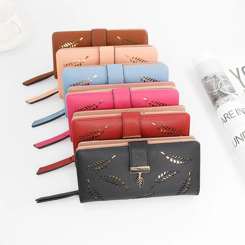 

New hollow out leaf pattern long pu leather card clutch wallets designer wallets famous brands cell phone purse wallet for women