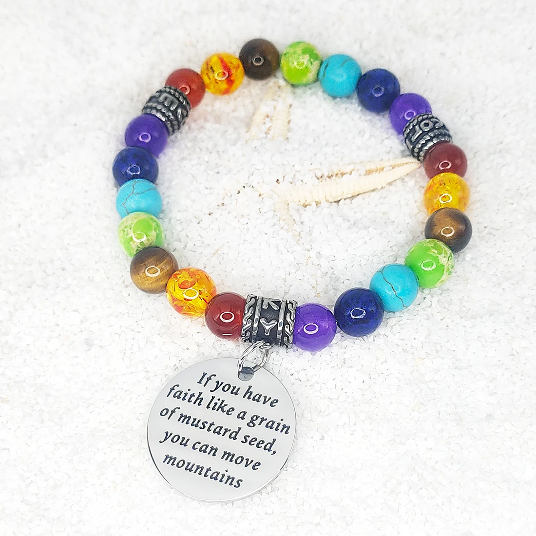 

If You Have Faith Like A Grain of Mustard Seed You Can Move Mountains 7 Chakra Elastic Beaded Charm Bracelet