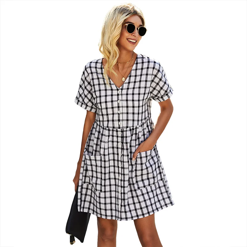 

Wholesale Ladies Short Dress Casual Pocket Plaid Dress For Women