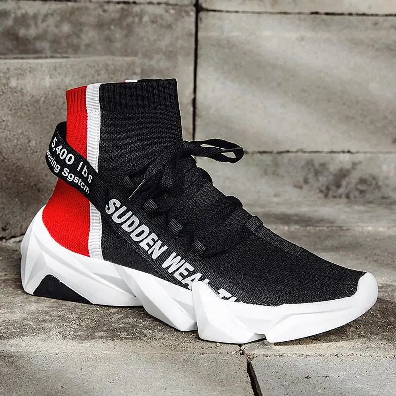 

High Quality New Men'S Sock Fashion Sneakers Breathable Men High Ankle Shoes Knitted Fabric Casual Shoes, White,black