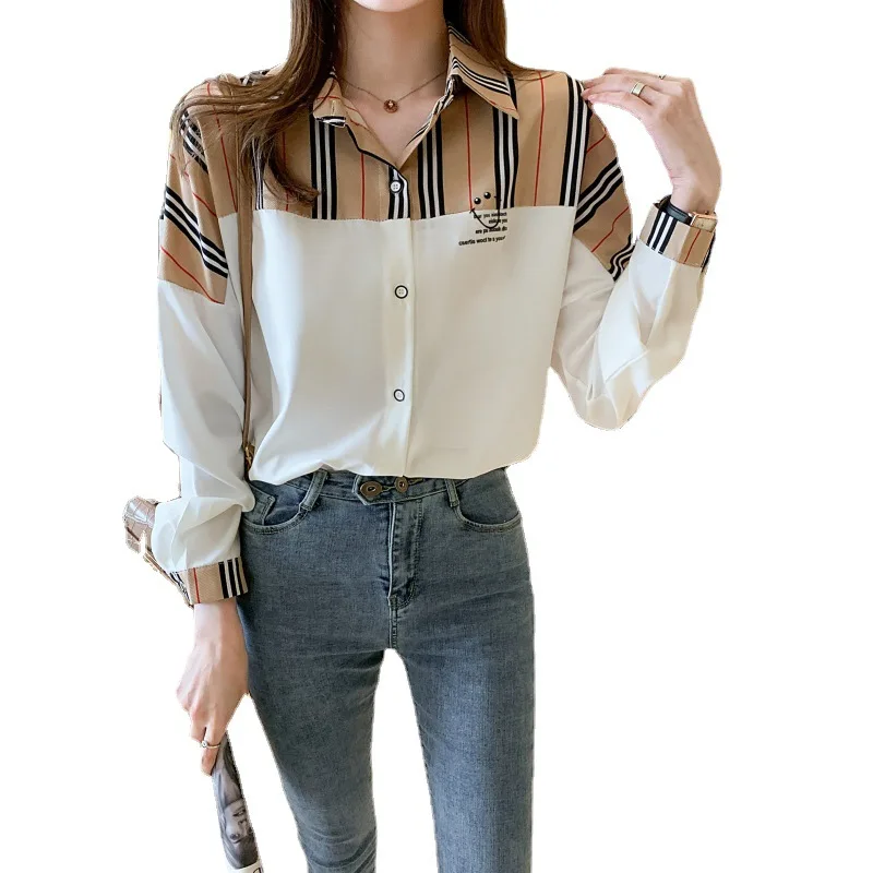 

Spring fashion Office Lady Blouses Female Long Sleeve chiffon shirts elegant Striped loose Shirt Top Autumn casual design white