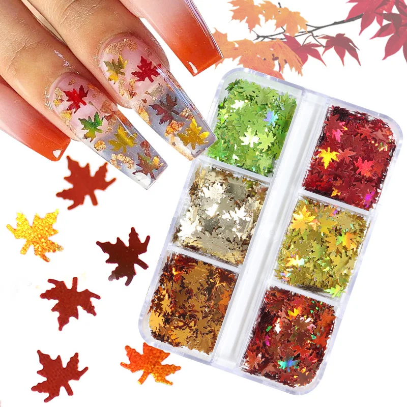 

3D Holographic Fall Leaf Nail Art Glitter Maple Leaves Sequins for Nails Supply Decorations, Mixed