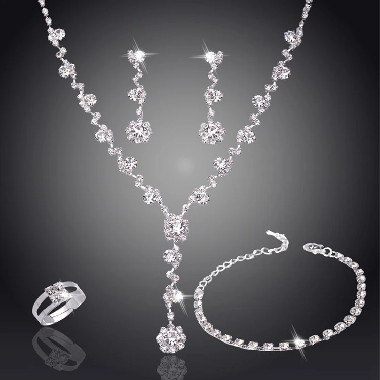

Fashion Bridesmaid Wedding Rhinestone Silver Pendant Necklace Tennis Bracelet Ring Earrings Jewelry Set For Women, As the picture