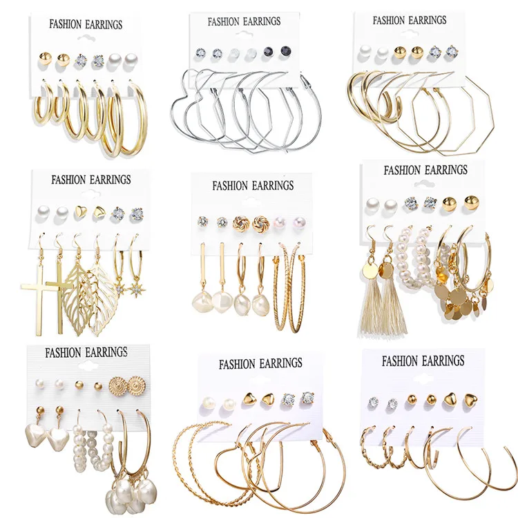 

6 Pairs Fashion Jewelry Assorted Multiple Dangle Alloy Pearl Shell Hoop Drop Earring Sets Earrings for Women Girls, Picture shows