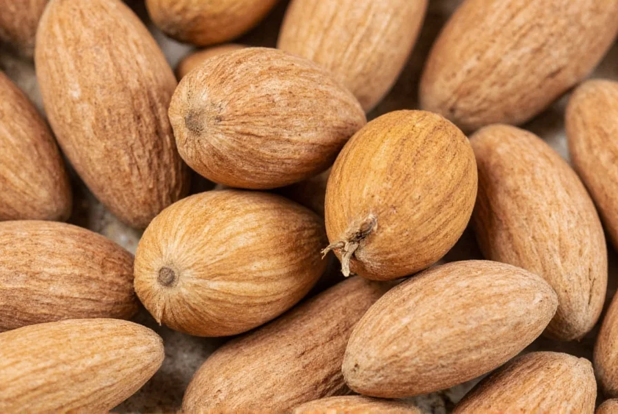 Close-up photograph of whole nutmeg seeds next to dried mace blades showing their botanical relationship
