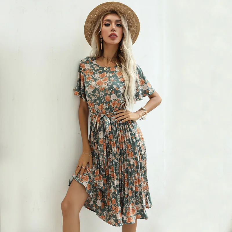 

Woman High Quality Dress Cloth Girls Casual Dresses Custom Chiffon Floral Summer Stylish Ladies Boho Dress Midi Short Sleeve