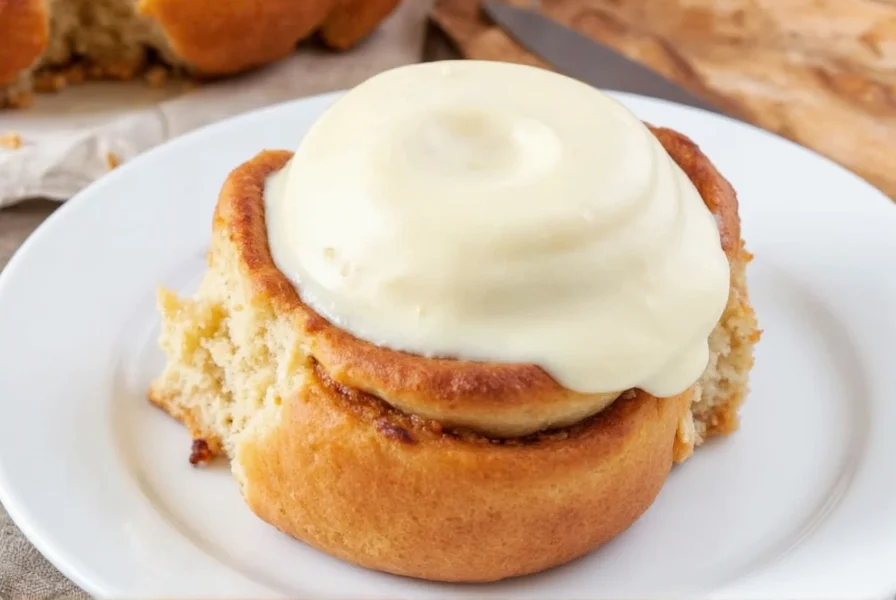 Finished yeast-free cinnamon rolls with cream cheese frosting on white plate