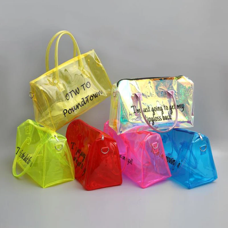 

in stock PVC material ECO Friendly Transparent Spend A Night Bag Overnight Bags Weekend Tote bag, Colorful also can custom