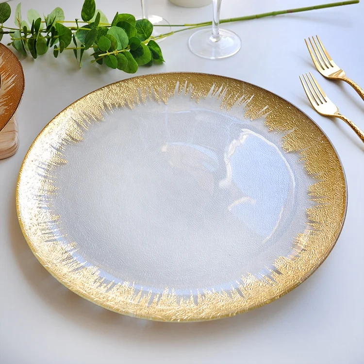 

Wholesale party wedding decorative under plate 13" gold rim clear charger plates glass
