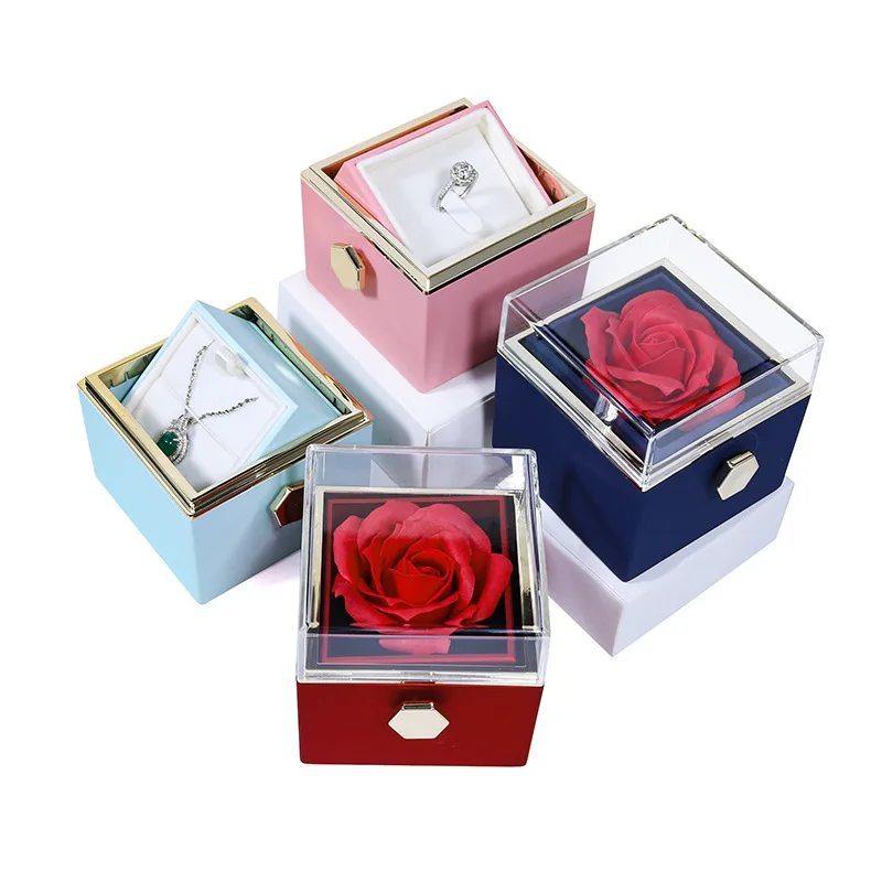 

Rotating Preserved Rose Flower Luxury Jewelry Gift Packaging Box Proposal Wedding Ring Box with gift bag