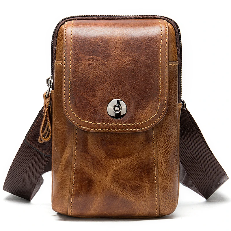

Factory Wholesale Waterproof National genuine leather shoulder men small sling messenger bag withl mobile phone pocket 8956, Brown and dark coffee