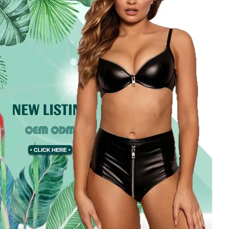 

2021 New Design Female Mujer Bra and Panty sets Sexy Ladies Black PU Leather Plunge Zipper Women Underwear hot erotic lingerie, Accept customized