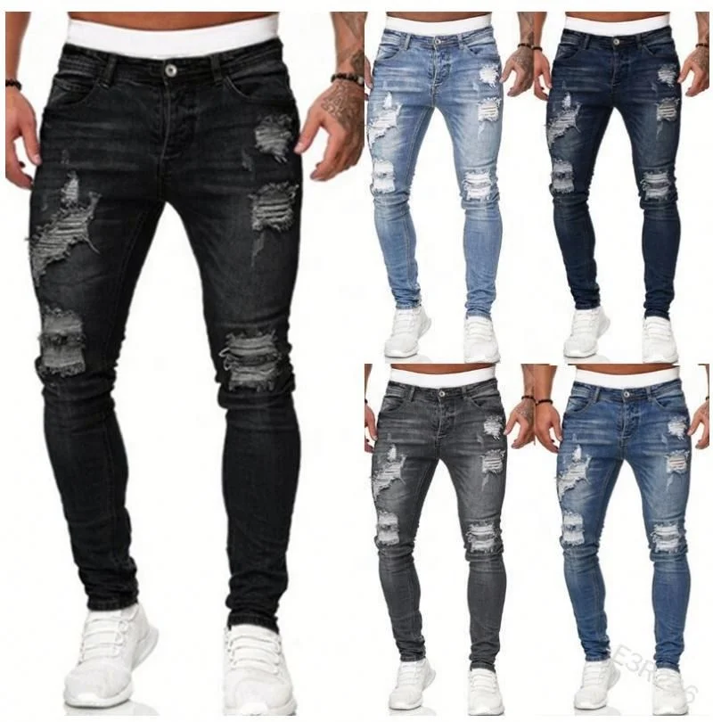 

Jhcentury High Street Vintage Hole jeans Men Casual Slim Pants Men's Trousers