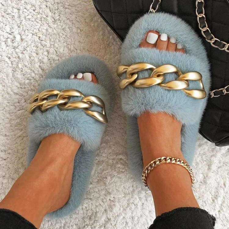 

Popular demand 2021 hot house slippers furry slides women chain slippers for ladies, White,black,blue