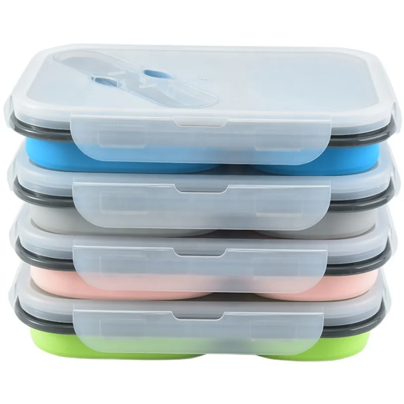 

Eco Friendly Food Storage Containers BPA Free 2 Compartment Silicone Collapsible Folding Seal Lunch Box, Pink, blue,grey,green