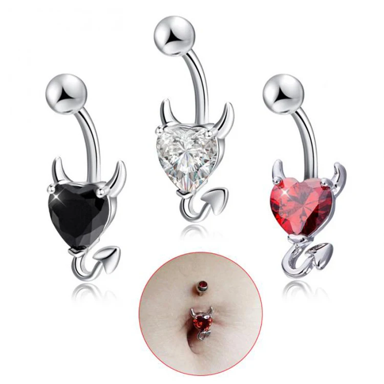 

Navel ring surgical steel red black bling zircon crystal heart devil Belly Button Ring for women accessories navel piercing, Red, black, clear