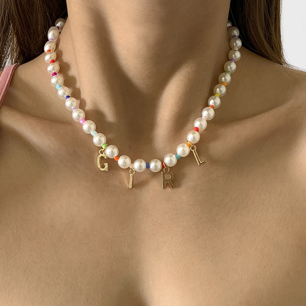 

SHIXIN Boho Pearl Choker Necklace Gold Initial Letter Necklace Colorful Bead Necklace for Women