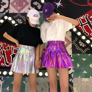

Women Harajuku Style Laser Shiny Fluorescent Color Pleated Skirt Fashion High Waist Skirt PU Leather Short Performance Skirt GAO, All available