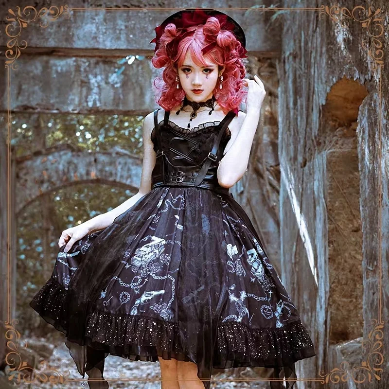 

Vampire Costume Diablo Sexy Punk Gothic Style Girls Suspender Adult Women Black shoulder straps Lolita Dress